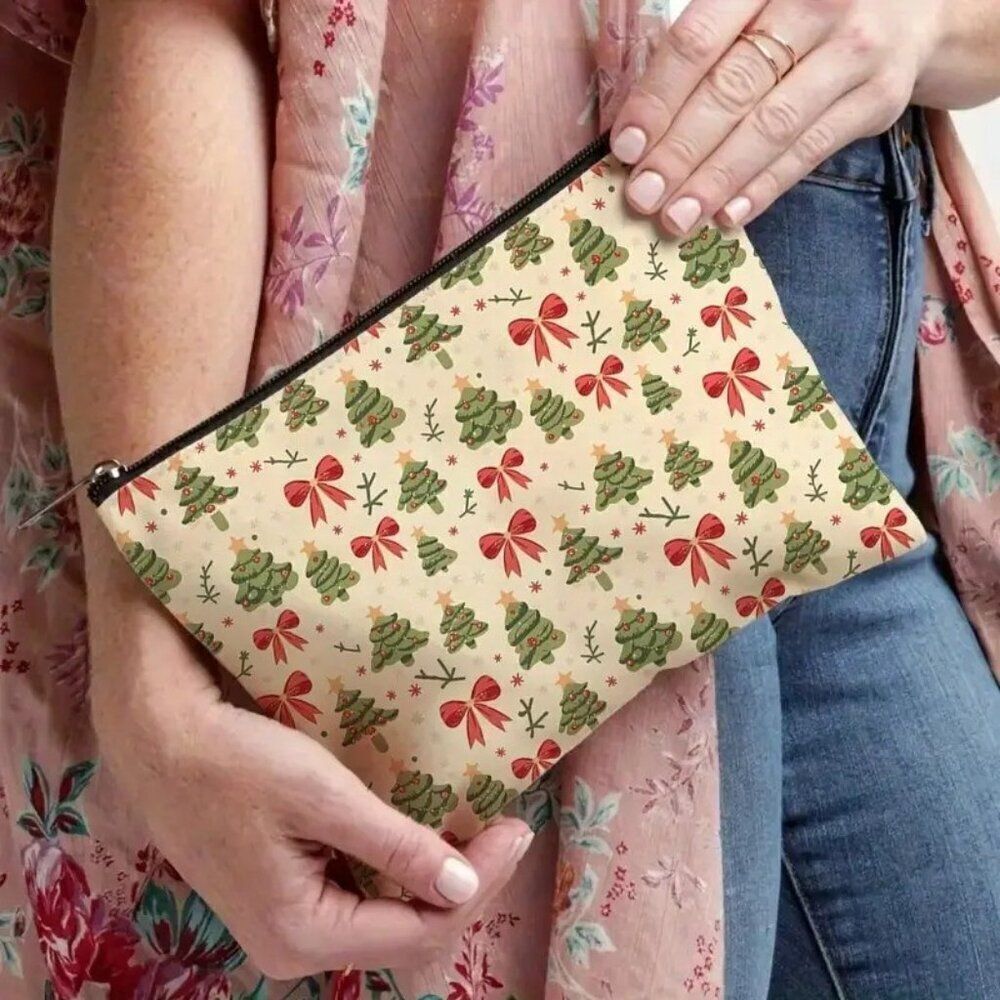 Christmas Festive Tree and Bow Holiday Travel Makeup Bag Double Sided Printed